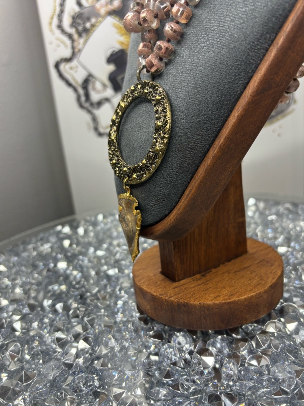 Rose Gold tiger's eye beaded Necklace with Ornate Gold Circle Pendant - Picture 6 of 8